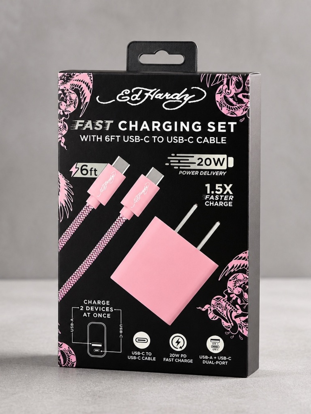 Ed Hardy Pink 20W Fast Charger Set 6ft USB-C Cable New